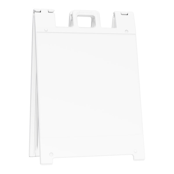 A white Plasticade Squarecade A-Frame sign stand with a black handle.