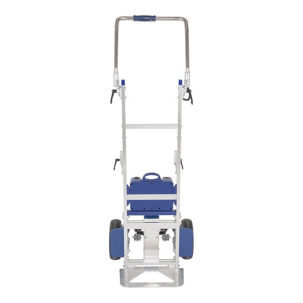 A blue and white Vestil hand truck with wheels.