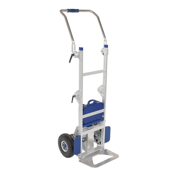 A Vestil hand truck with wheels and a handle.