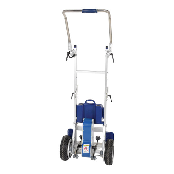A blue and silver Vestil powered stair climber hand truck.