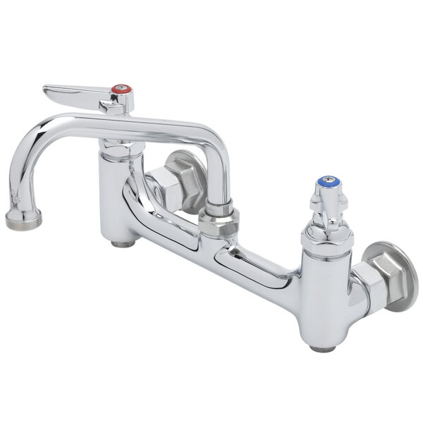 A T&S chrome wall mount pantry faucet with two handles and two faucets.