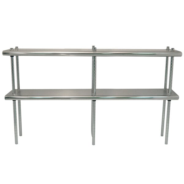 A stainless steel table mounted double deck shelving unit with a long metal rod.