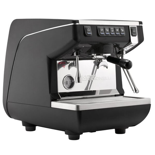 A black and silver Nuova Simonelli Appia Life 1 Group Volumetric Espresso Machine with two coffee cups on top.