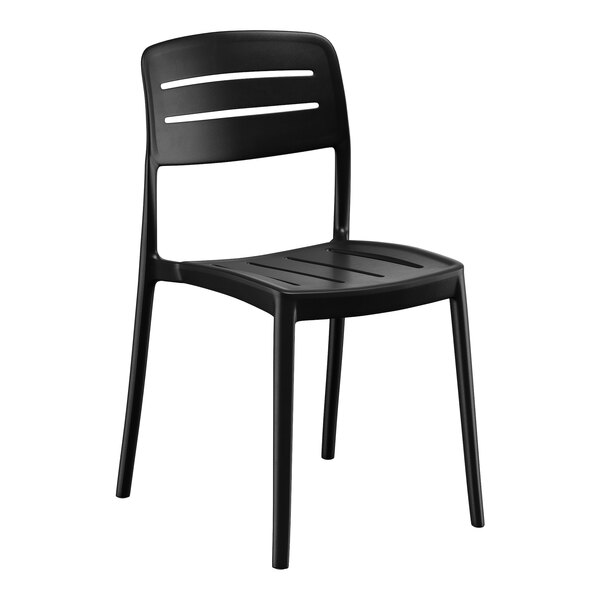 A black resin side chair with a slat back and seat design.