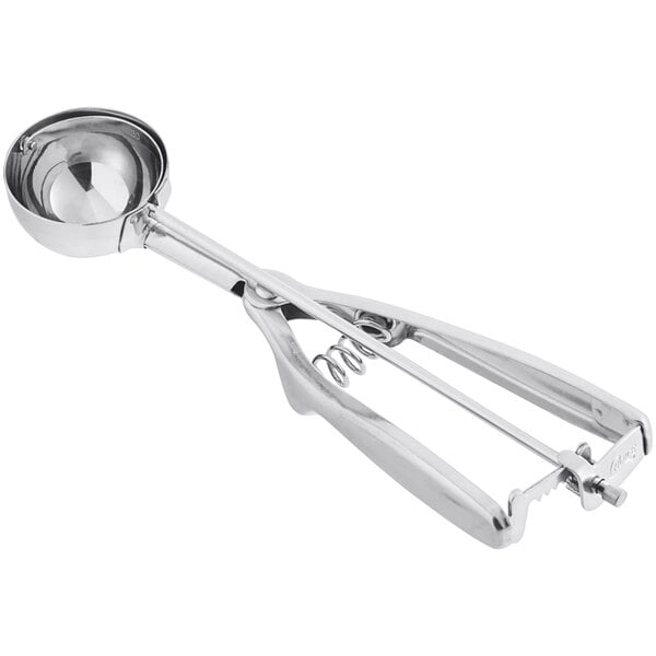 A stainless steel squeeze handle disher with a round bowl, designed to portion 1.25 ounces.