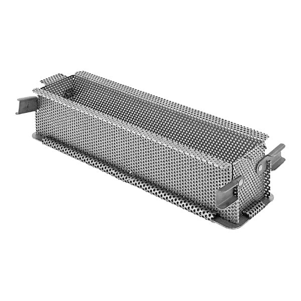 A stainless steel metal container with holes.