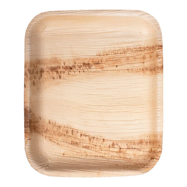 A rectangular VerTerra palm leaf plate with a pattern on it.