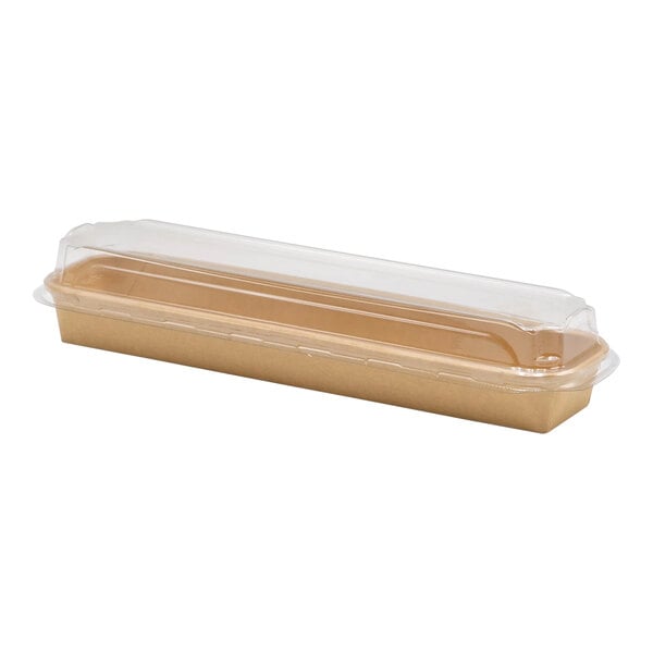 A brown Kraft paper container with a clear plastic lid.