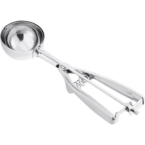 A stainless steel squeeze handle disher with a round bowl, used for portioning foods like ice cream or dough.
