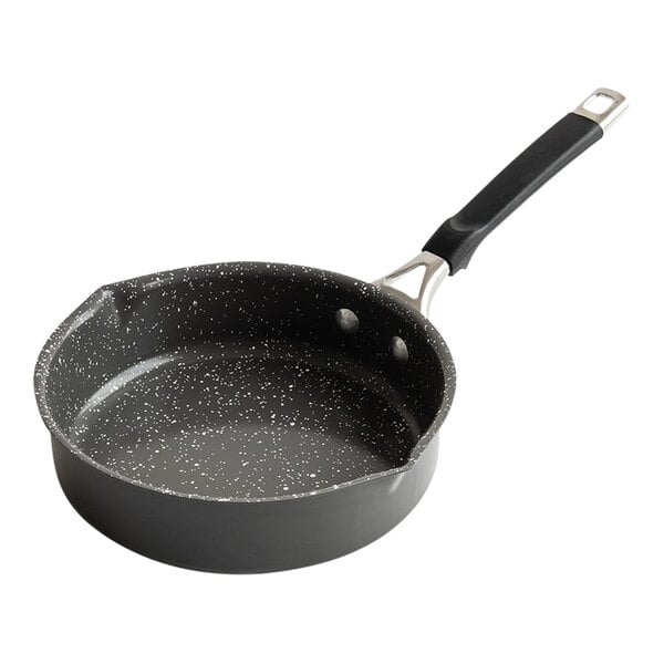 A black speckled Nordic Ware saute pan with a black and silver handle.