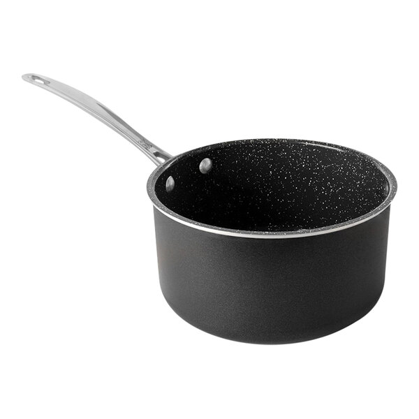 A black saucepan with a silver handle.