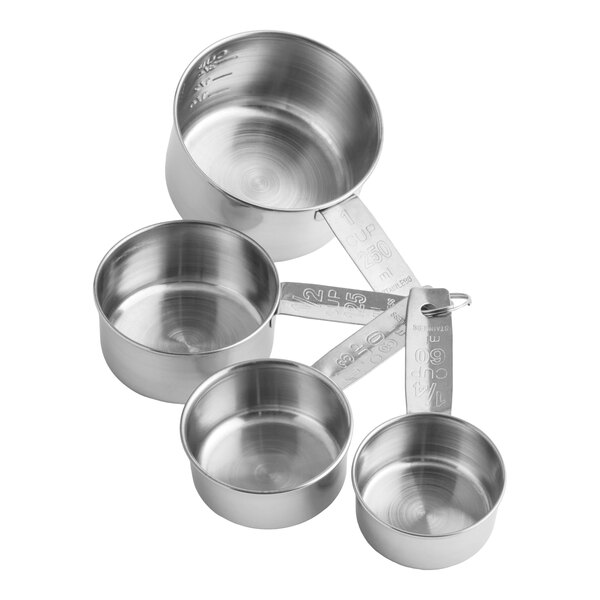 A set of four stainless steel measuring cups connected by a metal ring.