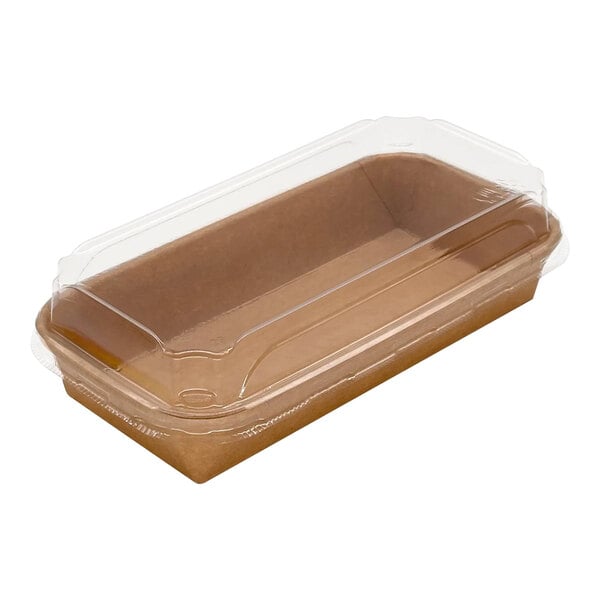A brown Kraft tray with a clear plastic lid on it.