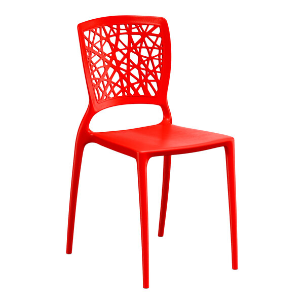 A red resin side chair with a webbed back design.