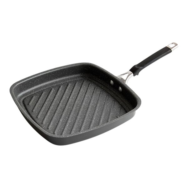 A black square Nordic Ware grill pan with a handle.