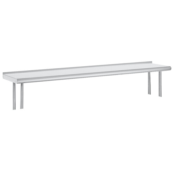 A stainless steel Advance Tabco rear mounted table overshelf with a shelf on top.