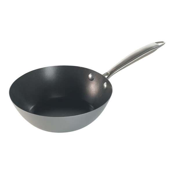 A close-up of a black and silver Nordic Ware non-stick stir fry pan.