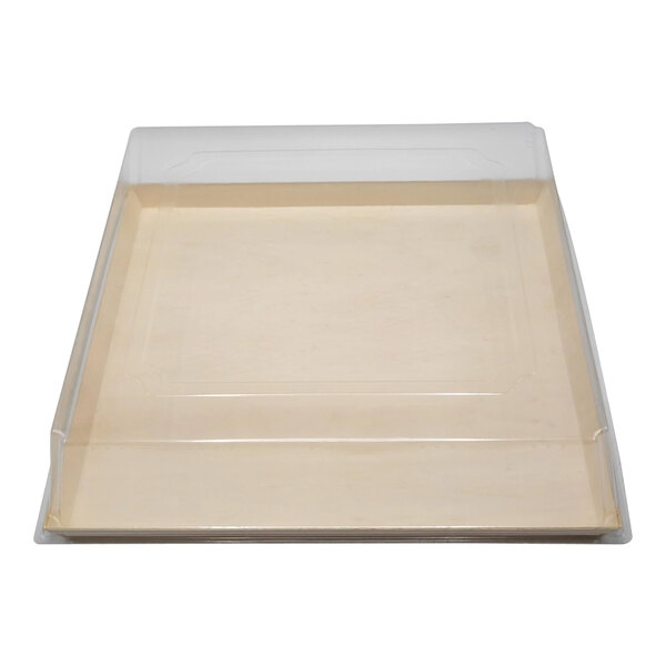 A white rectangular box with a clear lid containing a VerTerra Balsa Wood Tray.