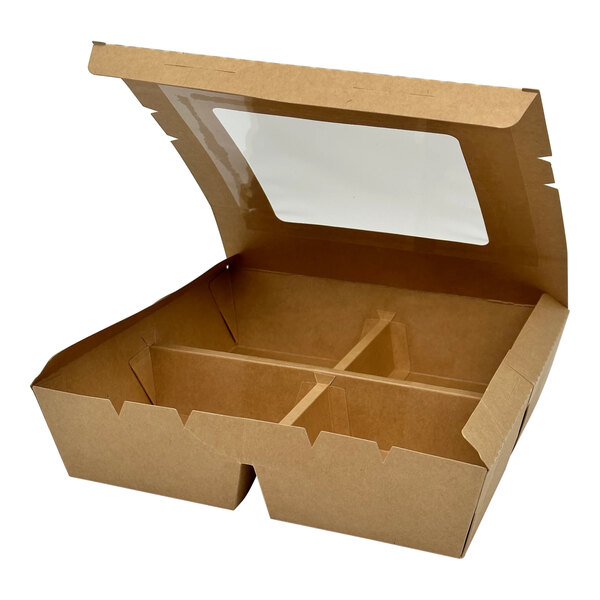 A brown paperboard bento box with four compartments and a clear lid.