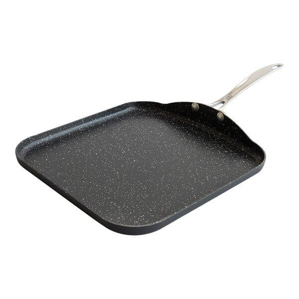 A black speckled square pan with a silver handle.