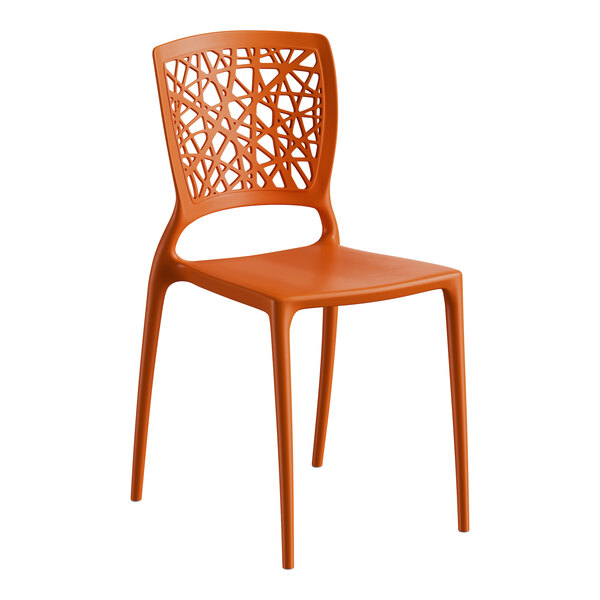 A terracotta-colored resin side chair with a webbed back design.