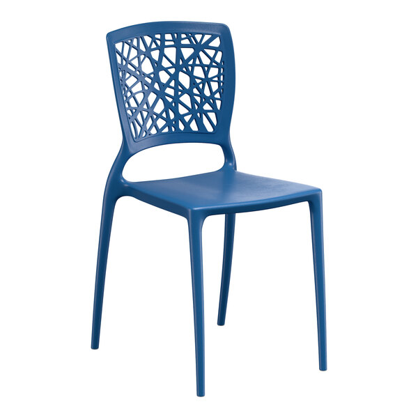 A blue resin side chair with a webbed back design.