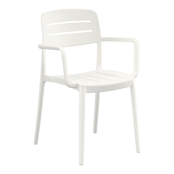 A white resin arm chair with a slat back design.