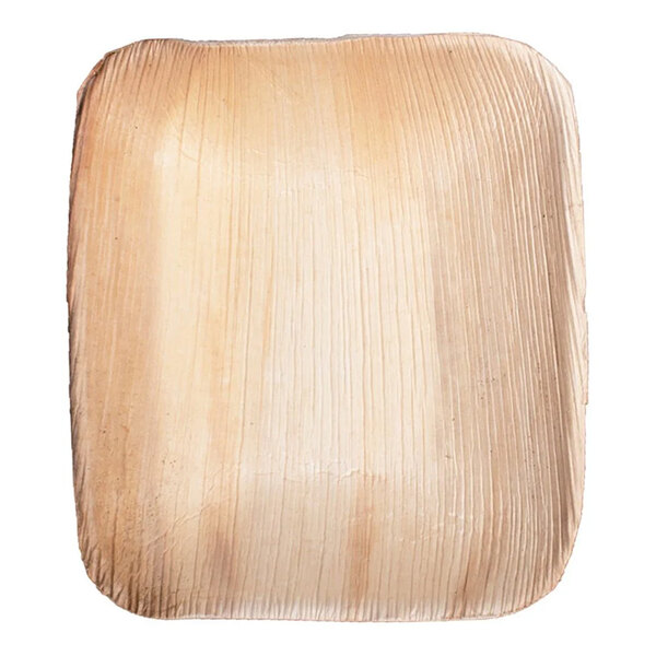 A close-up of a VerTerra rectangular palm leaf bowl.