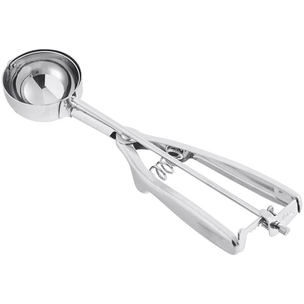 A stainless steel squeeze handle disher with a round scoop, designed to hold 1.5 oz.