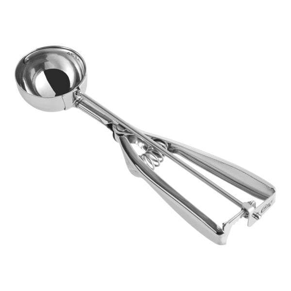 A stainless steel squeeze handle disher with a round bowl, used for portioning foods like ice cream or cookie dough.