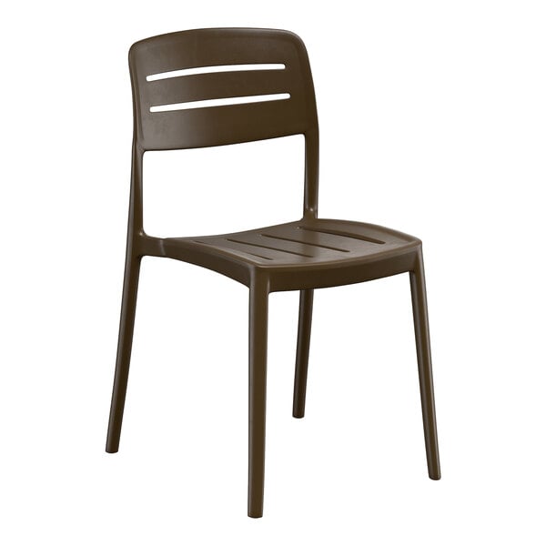 A brown resin side chair with a slat back design.