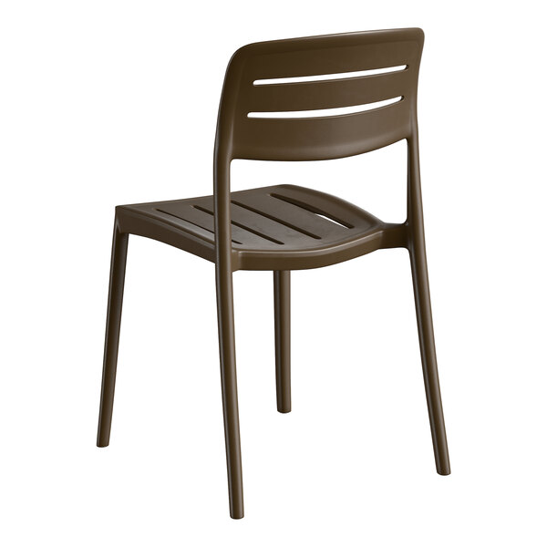 A brown resin side chair with a slatted back and seat.