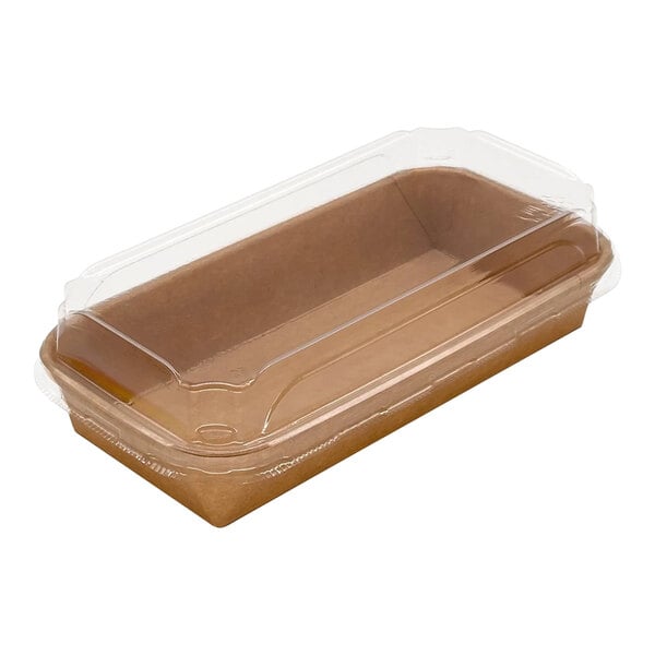 A brown Kraft paper container with a clear plastic lid.