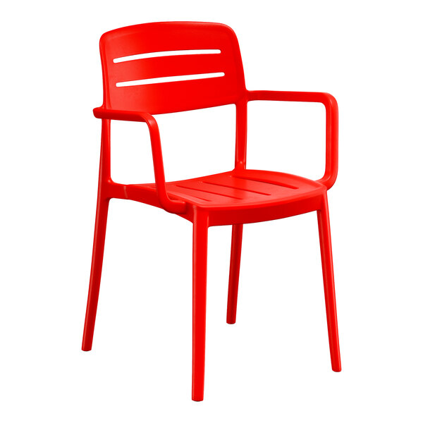 A red resin arm chair with a slat back design.