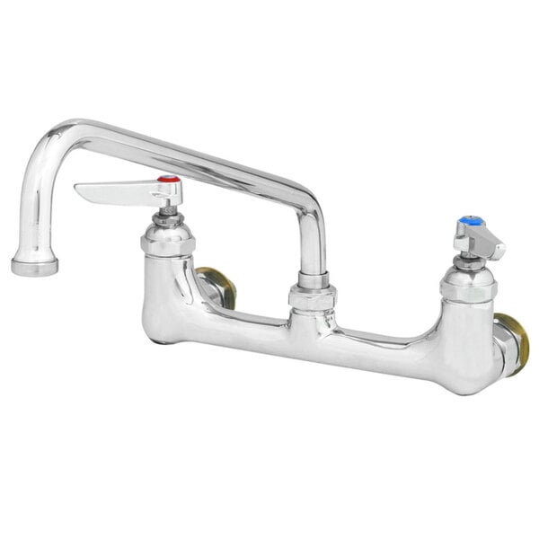 A chrome T&S wall mounted pantry faucet with two levers.