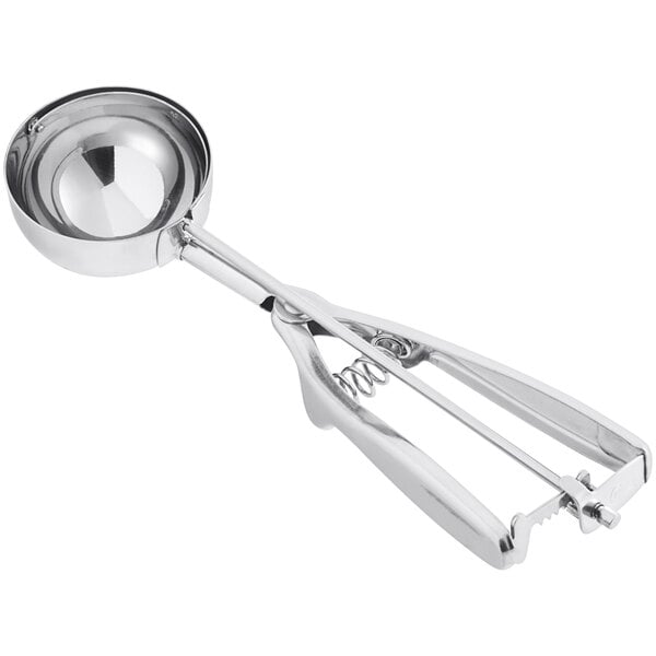 A stainless steel squeeze handle disher with a round bowl, used for portioning foods like ice cream or cookie dough.