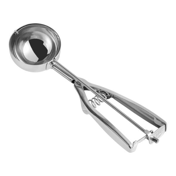 A stainless steel squeeze handle disher with a round bowl, designed for portioning foods such as ice cream or mashed potatoes.