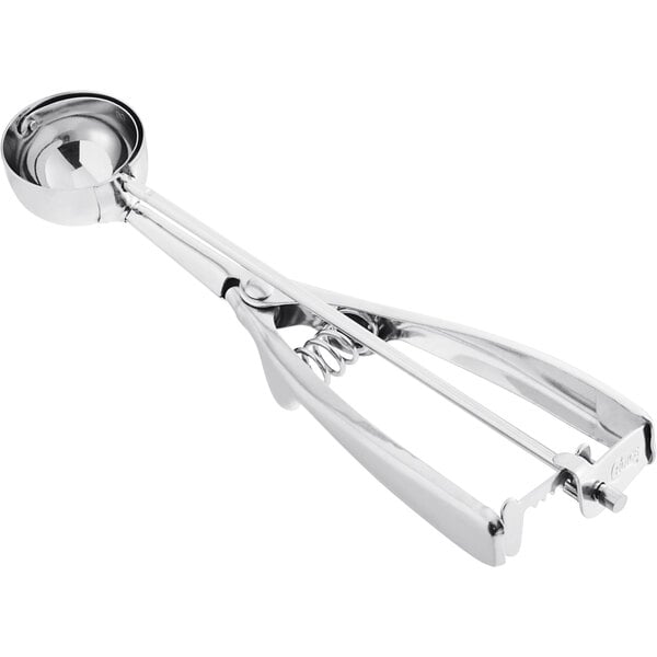 A stainless steel squeeze handle disher with a round scoop, used for portioning foods like ice cream or cookie dough.