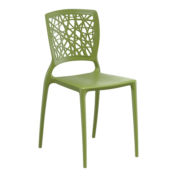 A green resin side chair with a webbed back design.