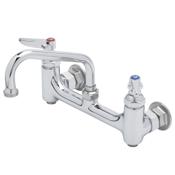 A T&S chrome wall mount pantry faucet with two handles and two faucets.