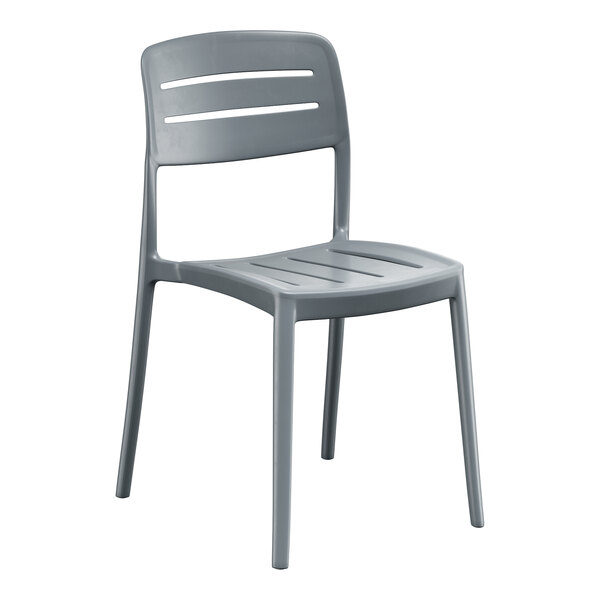 A gray resin side chair with a slat back and seat design.