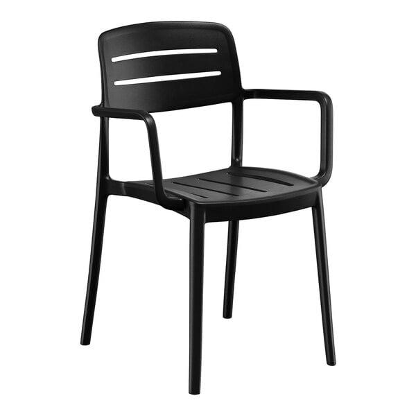 A black resin arm chair with a slat back and seat design.