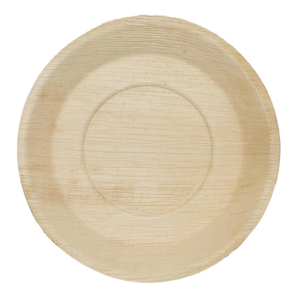 A VerTerra round palm leaf plate with a circular pattern in the middle.