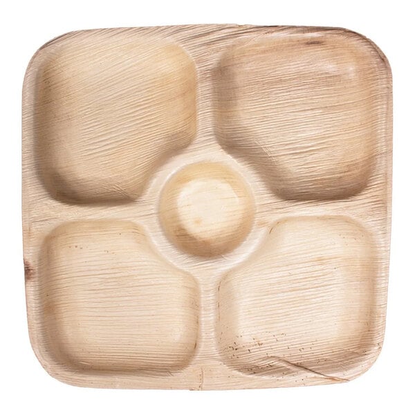 A VerTerra wood plate with 5 compartments.