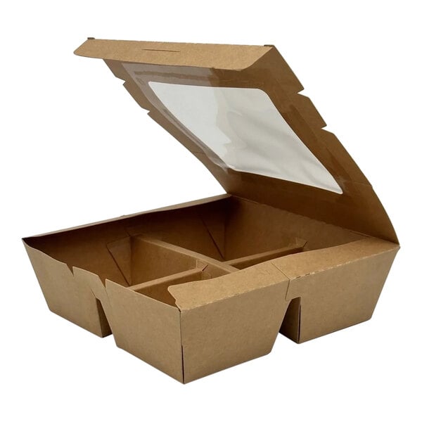 A brown cardboard Paperboard Bento Box with 4 compartments.