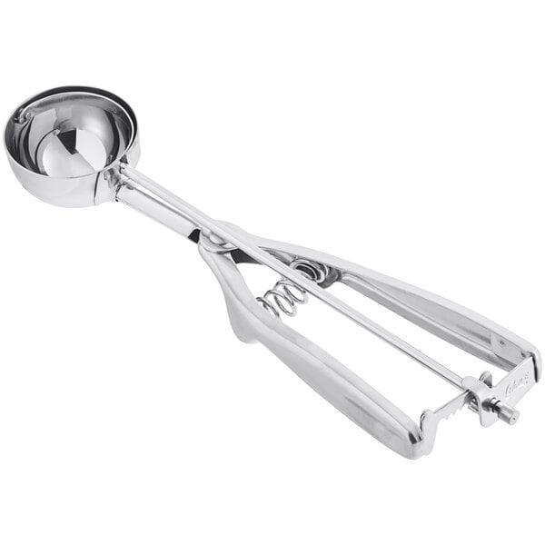 A stainless steel squeeze handle disher with a round scoop, used for portioning foods like ice cream or cookie dough.