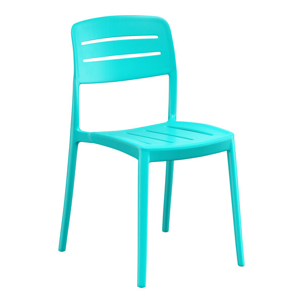 A coastal blue resin side chair with a slat back design.
