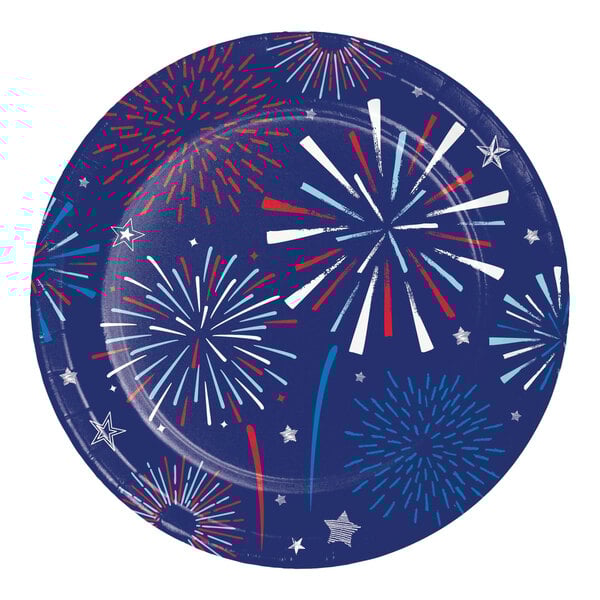 A blue paper plate with red and blue fireworks on it.