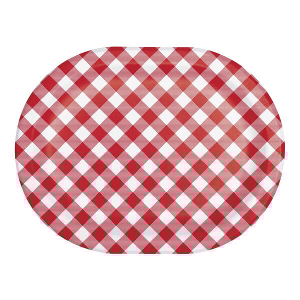 A white oval paper platter with a red gingham checkered border.