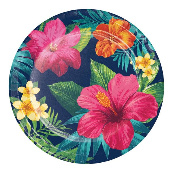 A Creative Converting tropical paper plate with hibiscus flowers on it.